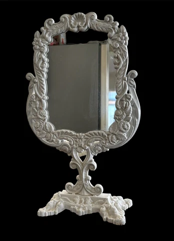 Vintage Vanity Swing Mirror White Shabby Cast Iron Floral and Shell Embossed Cover