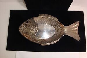 Vintage .800 Sterling Silver Carp Dish Tray Fish shape design stone eye 255 gram