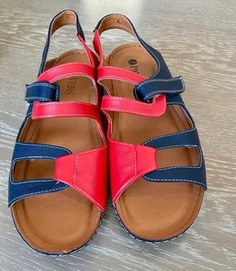 Pavers leather sandals size Uk 7 Red & Navy Blue Open Toe Touch Close NEW Flat - Picture 1 of 4