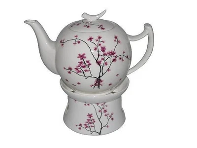 Teekanne Cherry Blossom 1,0l mit Stövchen TeaLogic - Fine Bone China Porzellan  - Bild 1 von 3