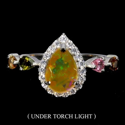 925 Sterling Silver Ring Pear Fire Opal 9x6mm Tourmaline Gemstone Jewelry Size 9 - Image 1 of 4