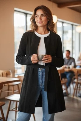 Clothes By Revue Black Genuine Leather Coat Knit Sleeves Belted Zip Front Size M - Image 1 of 4