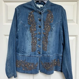 Coldwater Creek Women’s Jacket Blue Denim Sequins Large New Military Bronze $119 - Picture 1 of 13