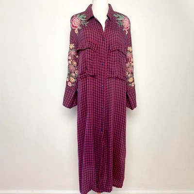 ZARA TRF Embroidered Boho Western Grunge Cowgirl Floral Duster Plaid Shirt Dress - Image 1 of 4