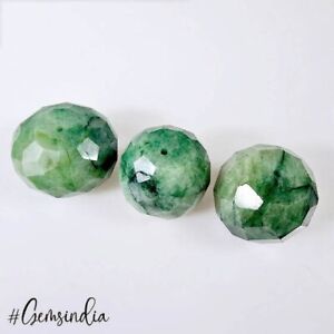 300 Cts/3 Pcs Natural Green Emerald Gem Round Checker Cut Drilled Beads Gems Lot