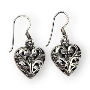 Sterling Puffy Heart Drop Earrings Floral Filigree 925 Silver Vintage 1 1/8" - Picture 1 of 12