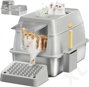 Stainless Steel Cat Litter Box with Lid,Extra Large Litter Box for Big Cats,Encl - Picture 1 of 12