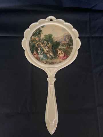 VICTORIAN HAND HELD VANITY MIRROR IVORY CREAM COLOR PLASTIC FRAME & HANDLE Cover
