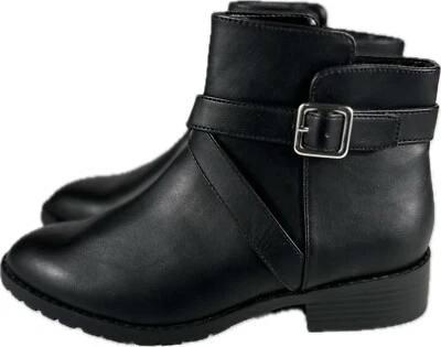 Worthington Women Black Faux Leather Ankle Bootie Low Heel Buckle Silver Size 6 - Image 1 of 4