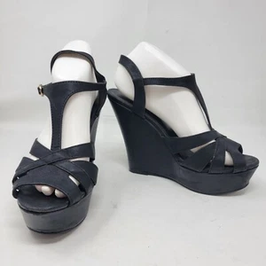 Mossimo Women's 8.5 US Slingback Extra High 5.5" Wedge Sandal T Strap Black Faux - Picture 1 of 15