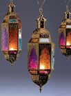 Hanging glass lantern antique gold, blue, amber glass Moroccan style 33.5cm-NEW