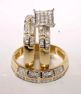Gold & Diamond Trio Bridal Ring Wedding & Engegement Ladies & Men Set Brand New - Picture 1 of 7