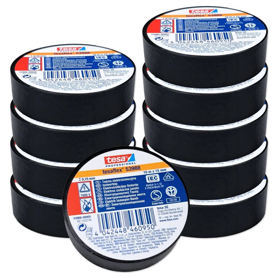 TESA Isolierband tesaflex 53988 Schwarz 15mm x 10m PVC Elektroband 10 Rollen