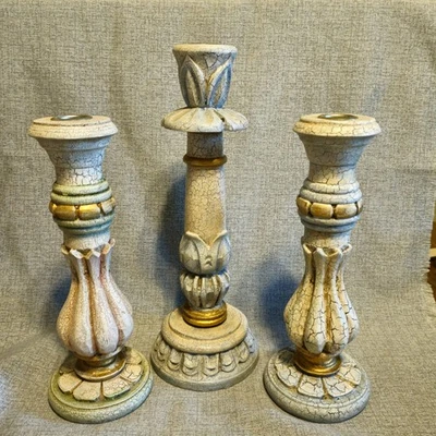 Lot 3 Mango Wood Carved Candlestick Holders Farm House Rustic  Shabby Chic  - Image 1 of 4
