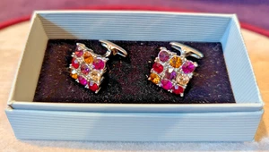 Pair of Vintage / Retro Bling Cufflinks - Multi stone mixed colour - Boxed - VGC - Picture 1 of 10