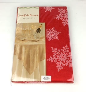Red Snowflake Damask Tablecloth 60" x 84" Oblong Fabric Christmas Holiday - Picture 1 of 5