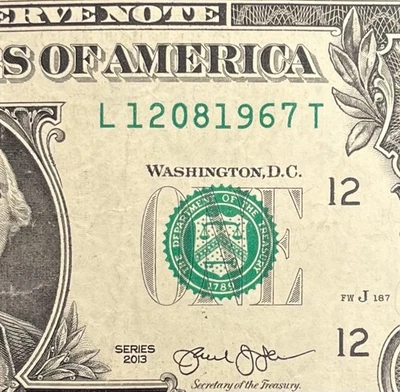 December 8 / August 12, 1967 (L 12081967 T) Birthday Note $1 One Dollar Bill - Image 1 of 3
