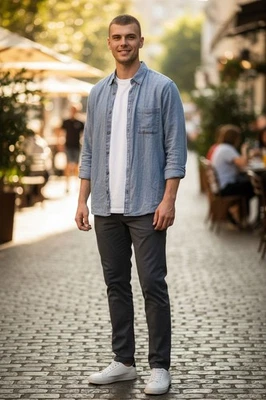 MARTIN GORDON LS Button Front Shirt Pocket-100% Linen Pale Blue XL CLEAN - Image 1 of 4