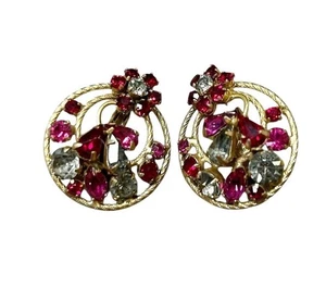 Vintage Ohrringe signiert Vendome Clip On Blume rot rosa Strass goldfarben - Bild 1 von 4