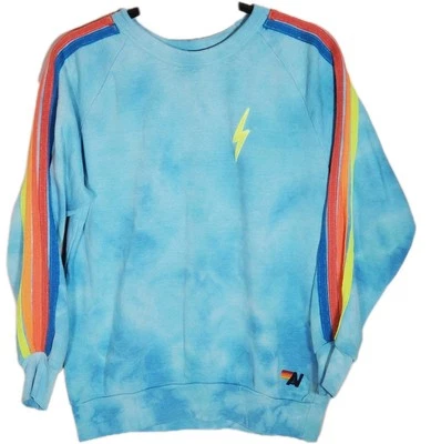 Sudadera para mujer Aviator Nation azul tie dye neón 5 rayas perno cuello redondo S Foto 1 de 4