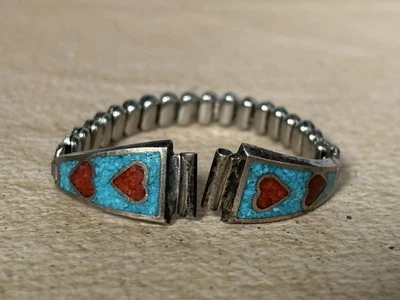 Vintage Native American Heart Turquoise & Coral Color  Inlay Watch Band Stretch - Image 1 of 4