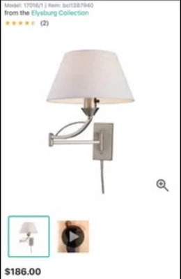 Aplique de pared de vidrio con brazo oscilante Elysburg iluminación, 1 luz, 150 vatios, níquel Foto 1 de 4