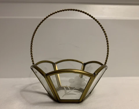 Vintage Midcentury Modern Etched Glass Candy Bowl Trinket Dish Metal Basket MCM Cover