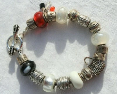 Charm Bracelet Red Art Glass Beads Textured Silver Tone Charms vtg - Image 1 of 4