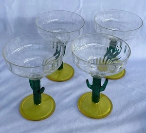 Funky Vtg Retro Plastic Margarita Glasses Green Cactus Stems Yellow Bases Set 4 - Picture 1 of 7