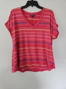 Democracy V-Neck T-Shirt Red w/Blue, Yellow & Pink Stripes Rolled Sleeve Size L - Picture 1 of 3