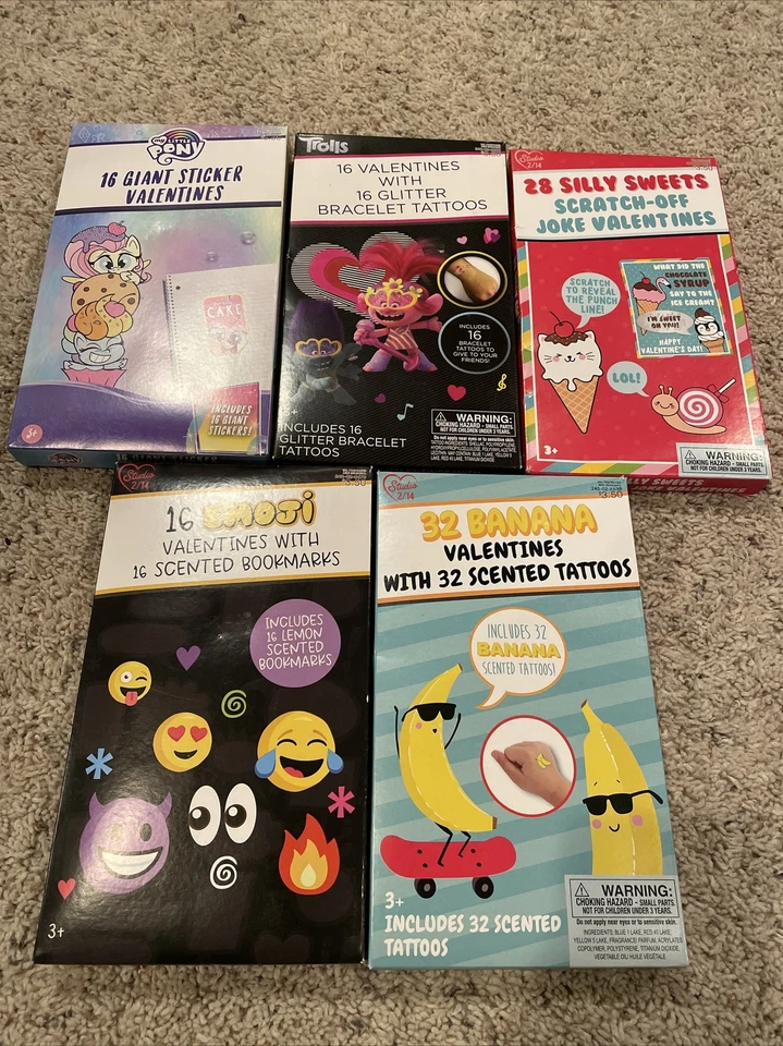 Tarjetas de San Valentín 5 Cajas 112 Total My Little Pony Descendants Mascota Emoji Niña Foto 1 de 1