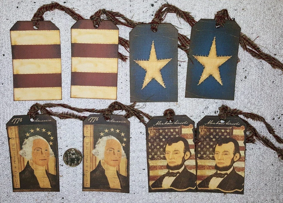 8~Primitive~July 4th~Patriotic~Fussy Cut~Linen Cardstock~Gift~Hang~Tags~Ornies - Image 1 of 1