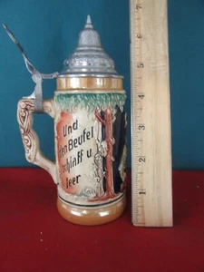Small German Beer Stein w. Pewter Lid und den beufel Golden Crown E&R W. Germany - Picture 1 of 6
