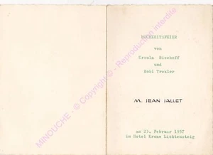 MENU HOTEL KRONE LICHTENSTEIG MARIAGE HOCHZEITSFEIER FEVRIER 1957 - Picture 1 of 2