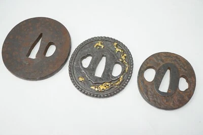 Juego de cuchillas de mano de hierro Tsuba x3 espadas Katana y Wakizashi de Japón 0320E6 Foto 1 de 4