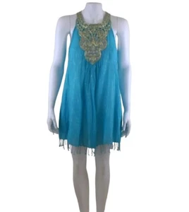 Calypso St Barth Cover Up Mini Dress XS Sleeveless Turquoise Metallic Fringe - Picture 1 of 5