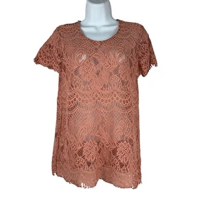 Maurices Womens Medium Lace Crochet Top Peach Short Sleeve Nylon Blouse - Picture 1 of 6