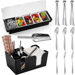 Garnish Tray with Lid Bar Caddy Ice Cooled Condiment Serving Container Ice Scoop - Picture 1 of 12