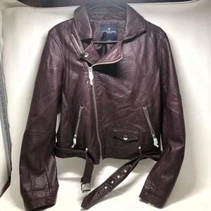 American Eagle Jacket Womens Large Burgundy Faux Leather Moto Biker Zipper - Picture 1 of 7