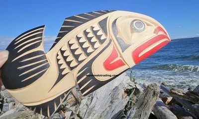 Northwest native North American Art carved SALMON  authentic  Indigenous art — 第 1/4 张图片