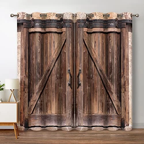 Jekeno Rustic Wood Blackout Curtains Vintage Wooden Barn Door Farmhouse Home ...