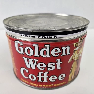 Vtg Golden West Coffee Can tin & Lid 1 LB Ben-Hur Oregon Cowgirl Drip Grind - Image 1 of 4