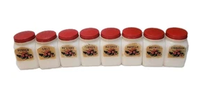 Antique Milk Glass Spice Jar Set w/ Red Metal Lids Set Of 8 VTG Kitchen Decor - Picture 1 of 14