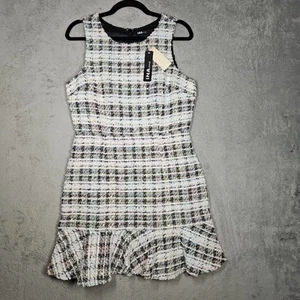 Ina weiß schwarz pink aqua gelb lila Tweed kariert slvless Kleid Rüschen Gr. L - Bild 1 von 17