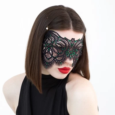 Elegant Black Lace Masquerade Mask for Women with Green Rhinestones - Image 1 of 4