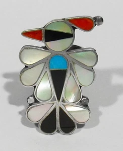 GRAN Anillo Thunderbird Antiguo Firmado Años 50 Zuni Plata 925 Turquesa Coral Incrustación 6.5 - Imagen 1 de 7