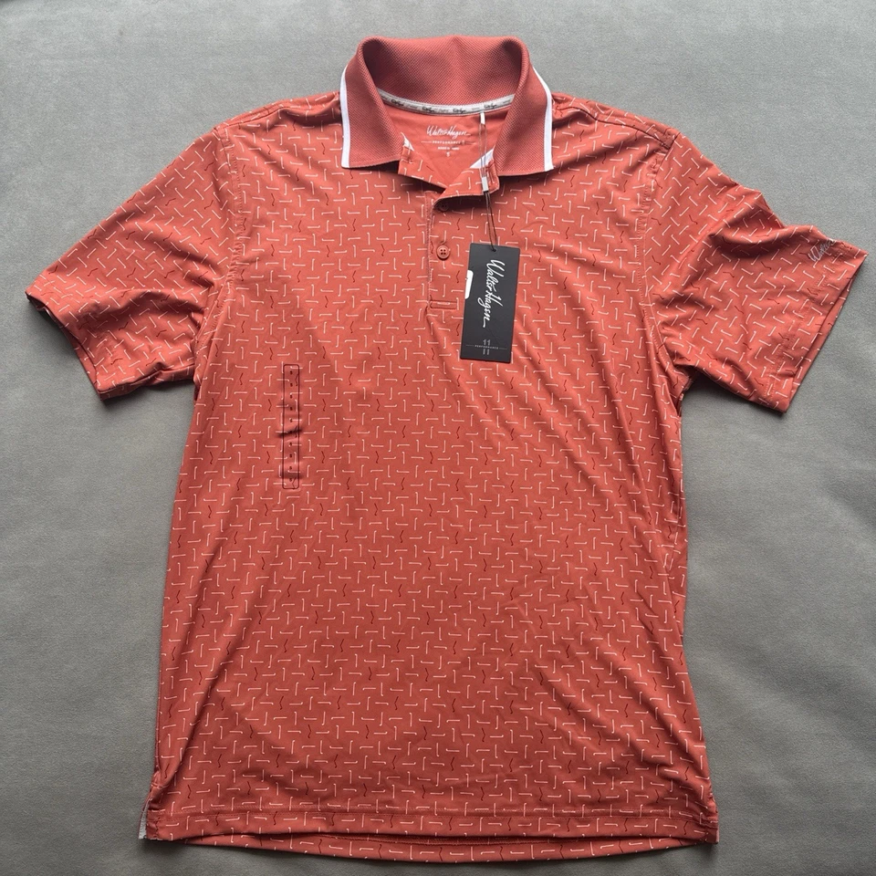 Walter Hagen P11 男式小号 (S) 破损 Geo Leaf 橙色高尔夫 Polo 全新带标签 MSRP $70 — 第 1/3 张图片
