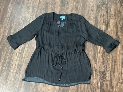 Simply Vera Wang Blouse Womens Size Petite PXL Black Solid V-Neck 3/4 Sleeve - Image 1 of 4