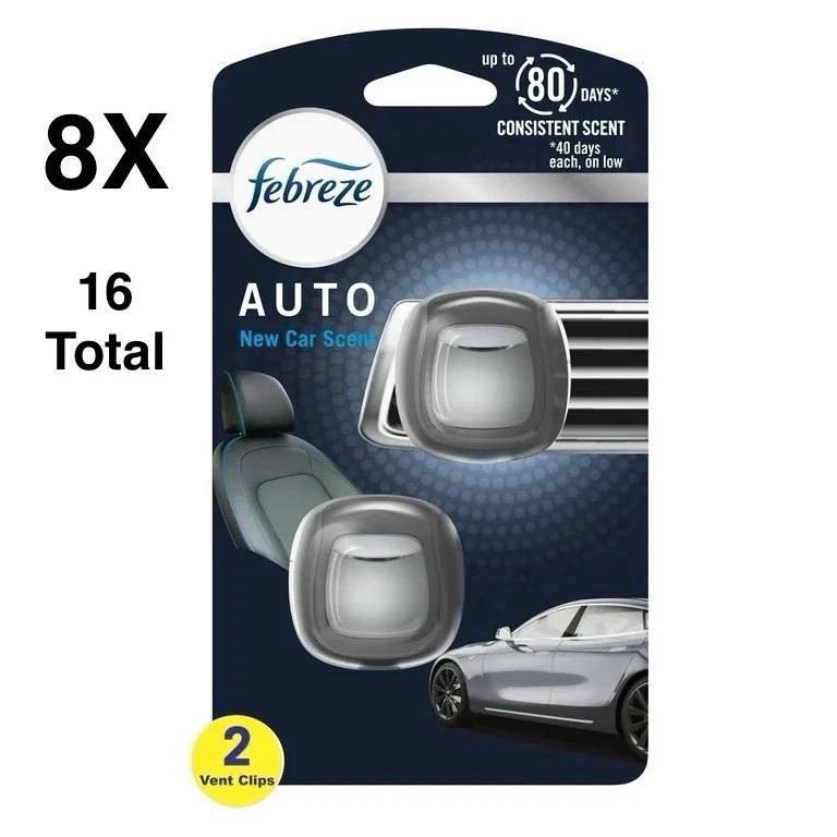 Febreze Car Vent Clip Air Freshener, New Car, 2-Count, Pack of 8 - Image 1 of 1