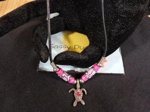 Turtle Necklace Pink Beads Enamel Pendant 16" Black Cord Lobster Claw Clasp  - Picture 1 of 2
